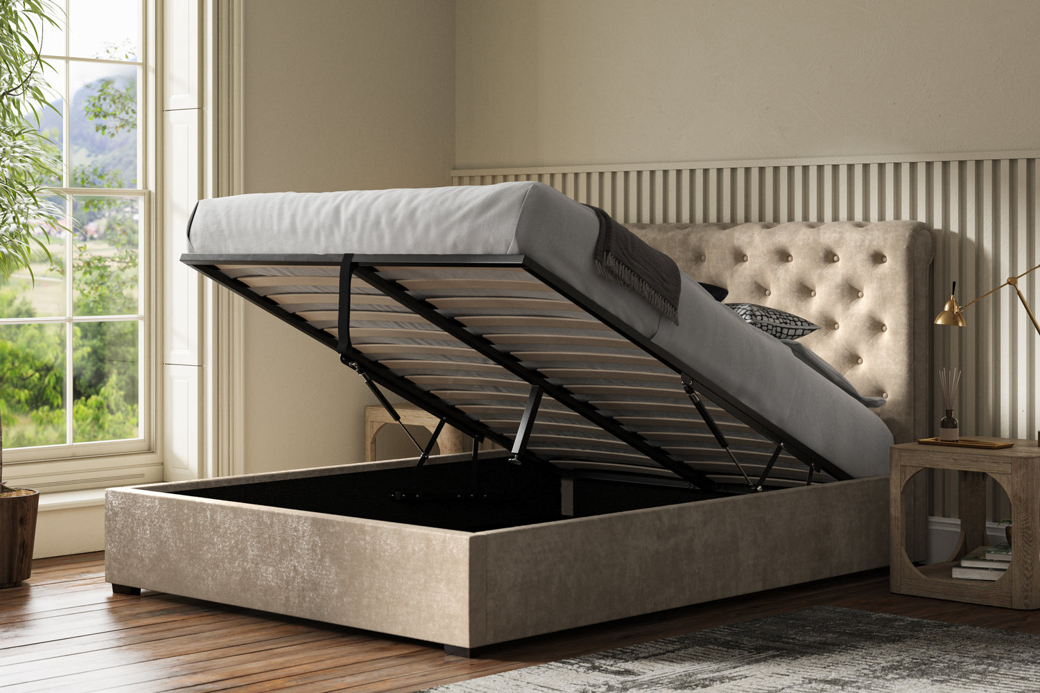 Emporia Beds Balmoral Scroll Ottoman Bed Stone Open-Better Bed Company