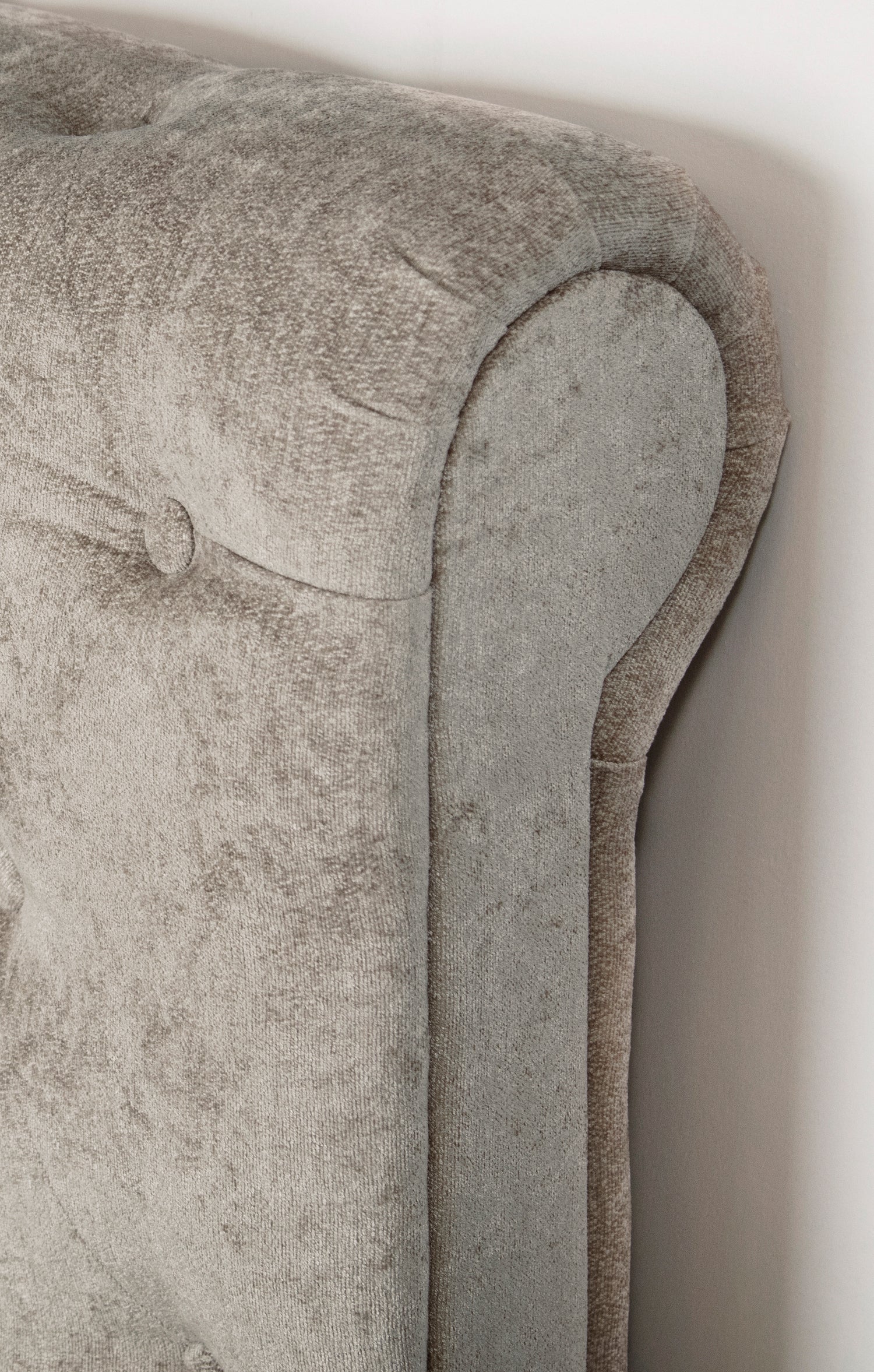 Emporia Beds Balmoral Scroll Ottoman Bed Stone Chenille Close Up-Better Bed Company
