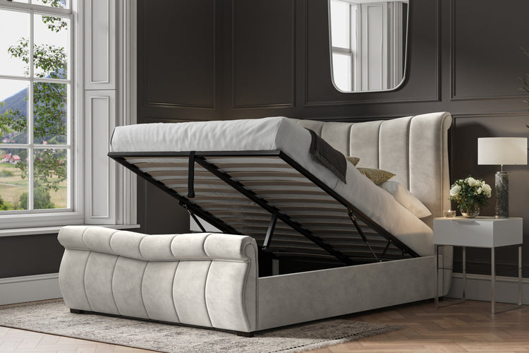 Emporia Beds Bosworth Ottoman Bed Light Grey Velvet Open-Better Bed Company