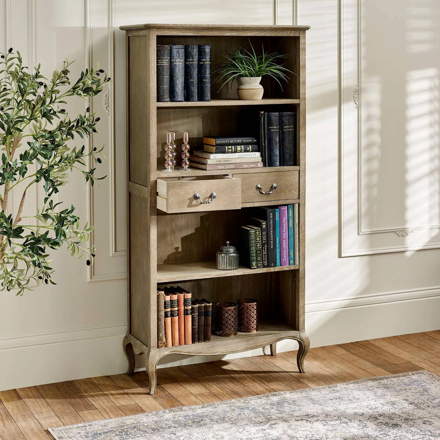 Julian Bowen Camille French Style Tall Bookcase with Drawers Open Drawer-Better Bed Company