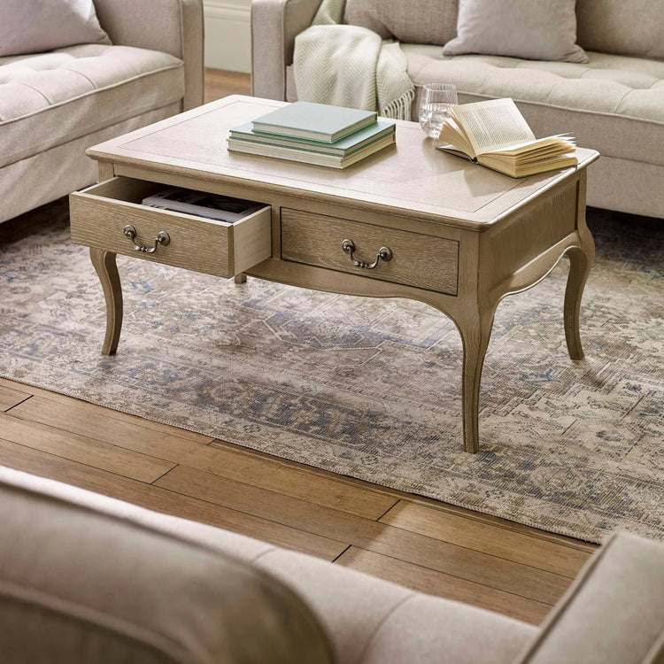 Julian Bowen Camille French Style Rectangular Coffee Table Drawer Open-Better Bed Company