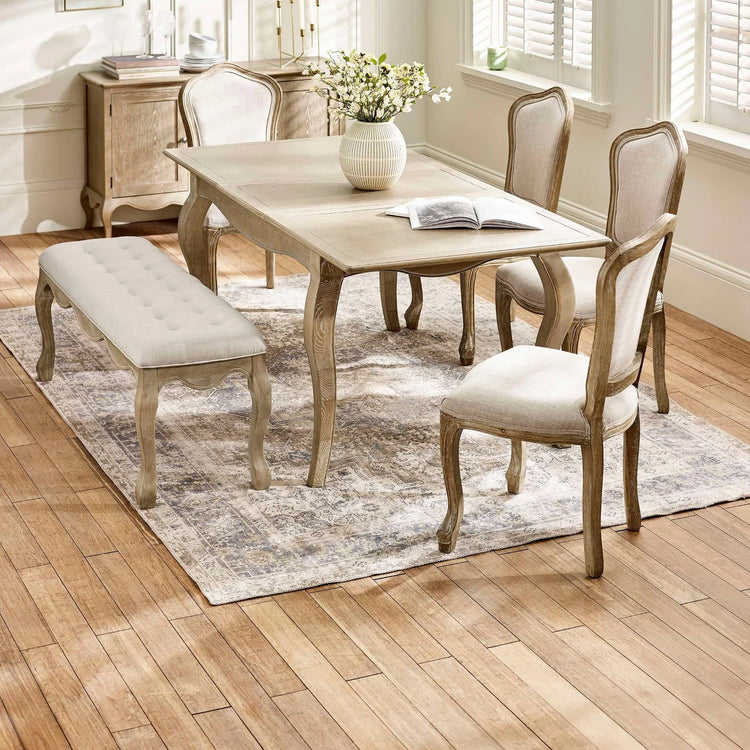 Julian Bowen Camille French Style Rectangular 4-6 Seater Extending Dining Table Full Set With Bench-Better Bed Company