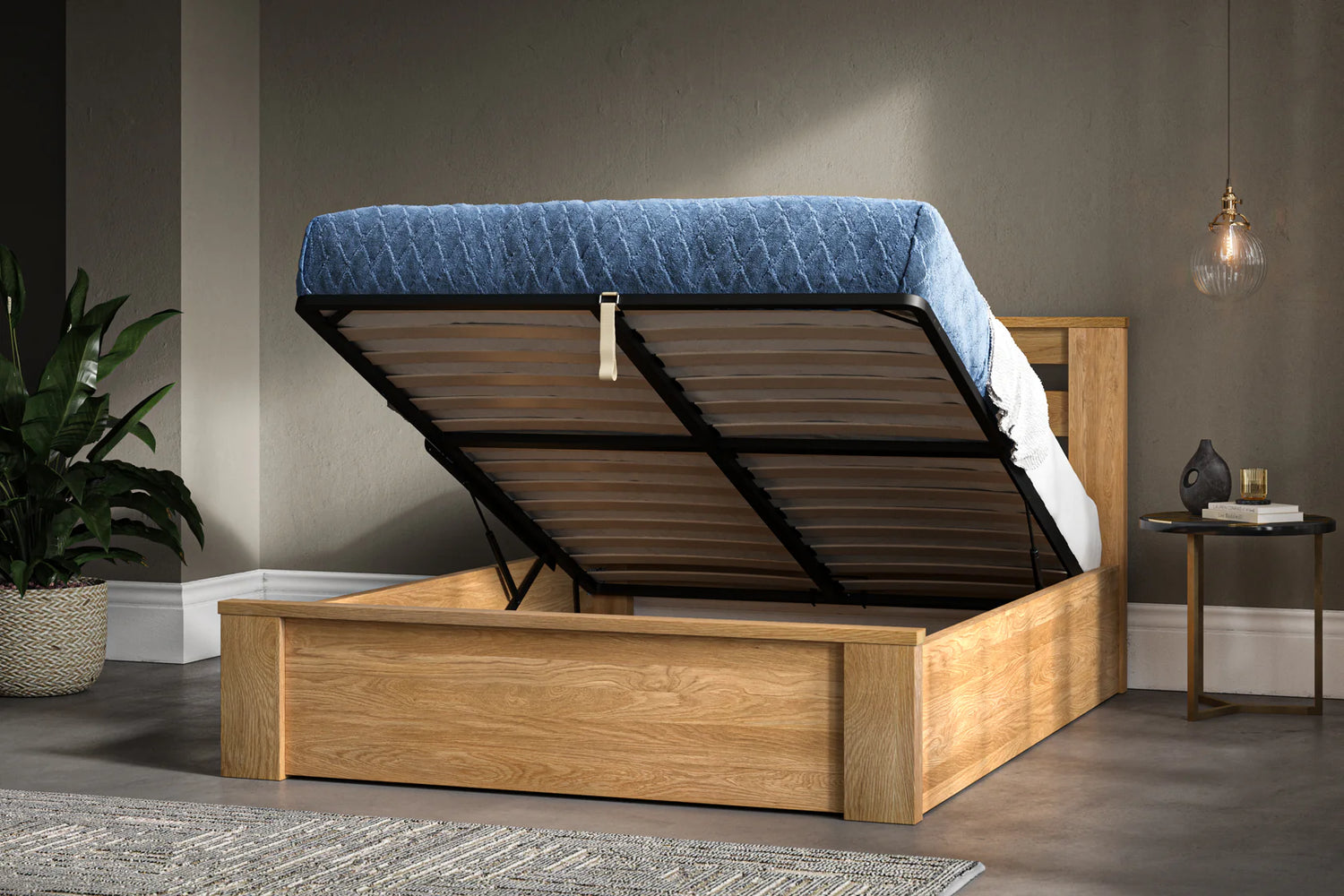 Bedfordshire Solid Oak Ottoman Bed Open-Better Bed Company