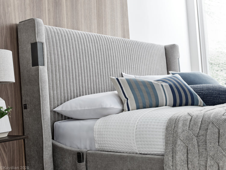 Kaydian Darras Mandarin Light Grey TV Bed with Dolby Atmos System Headend-Better Bed Company