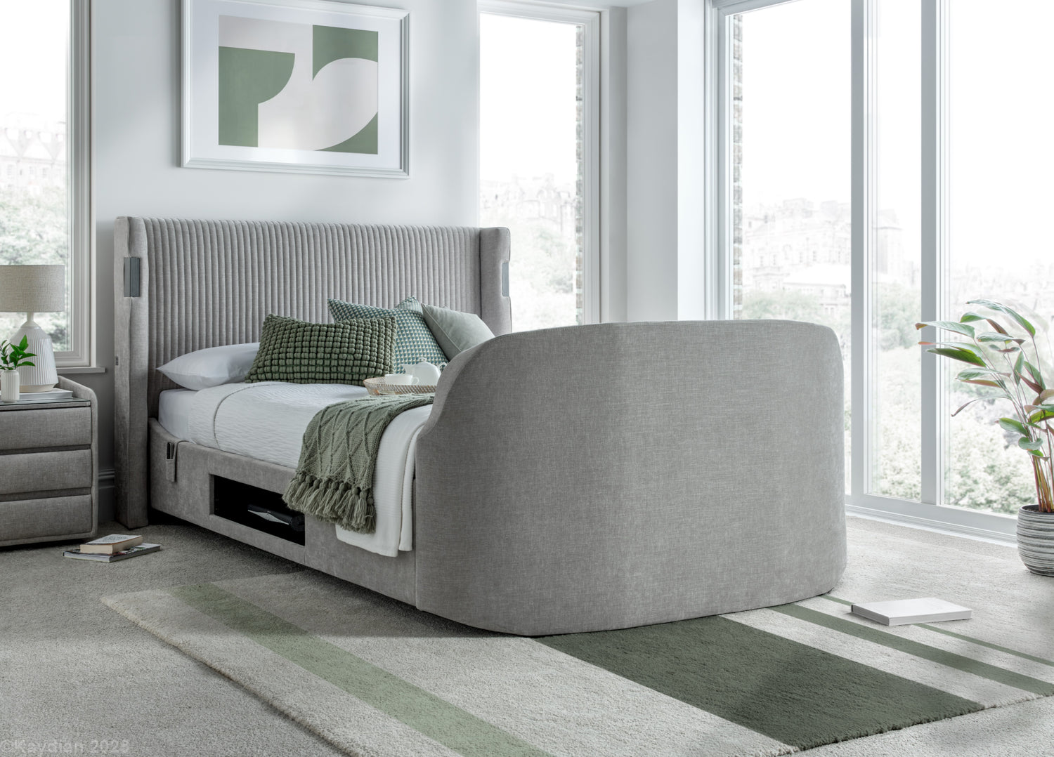 Kaydian Darras Mandarin Light Grey TV Bed with Dolby Atmos System Main Angle-Better Bed Company