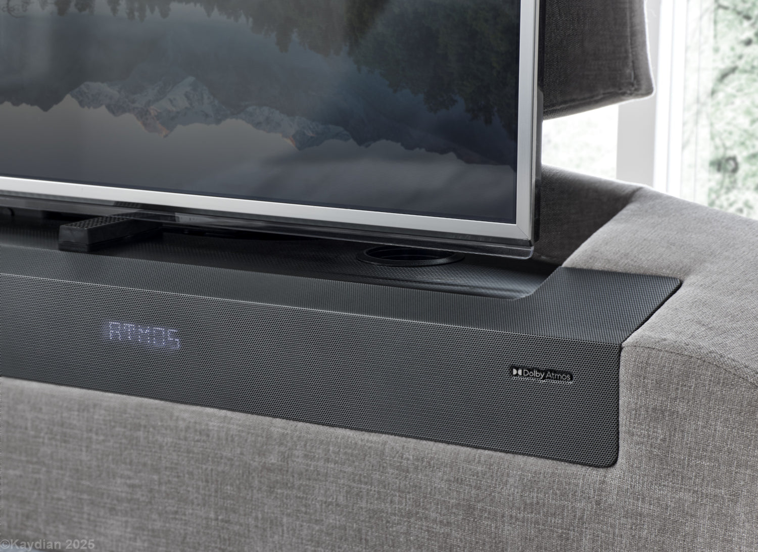 Kaydian Darras Mandarin Light Grey TV Bed with Dolby Atmos System Speaker Detail-Better Bed Company