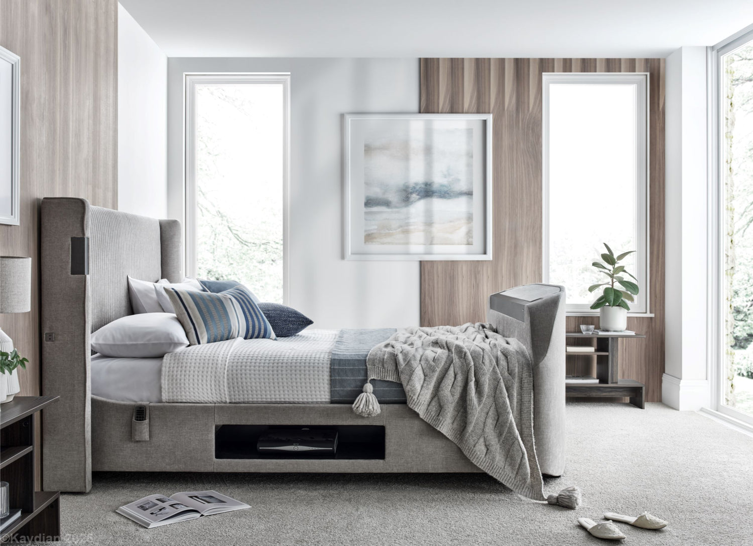 Kaydian Darras Mandarin Light Grey TV Bed with Dolby Atmos System Lifestyle Side-Better Bed Company