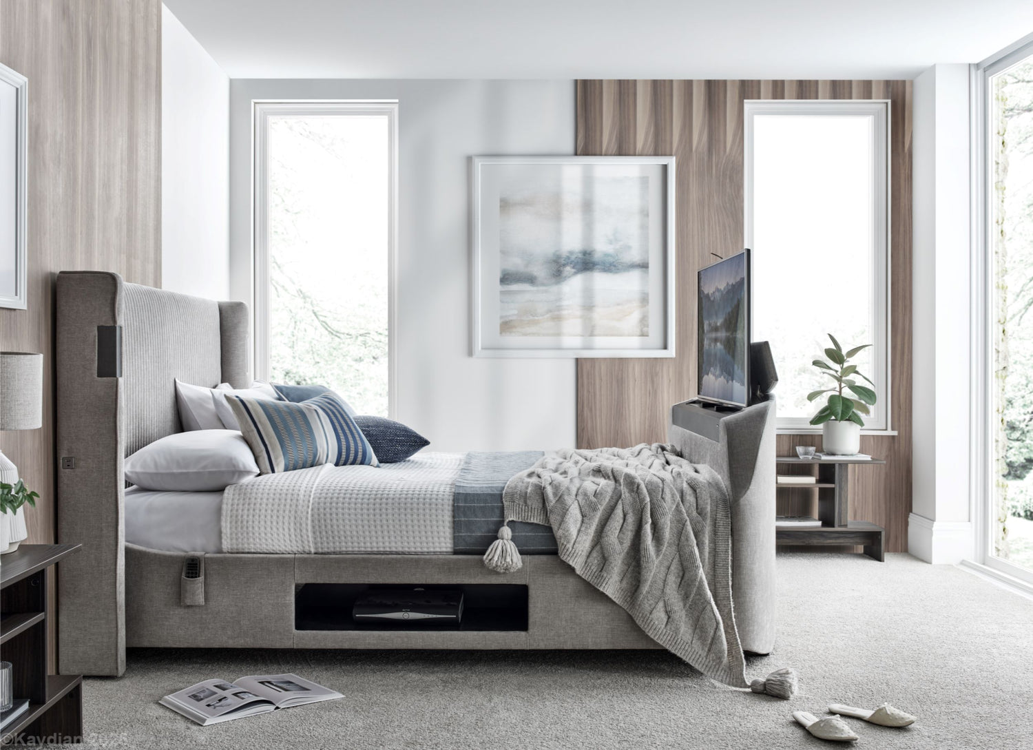Kaydian Darras Mandarin Light Grey TV Bed with Dolby Atmos System Lifestyle TV Up-Better Bed Company