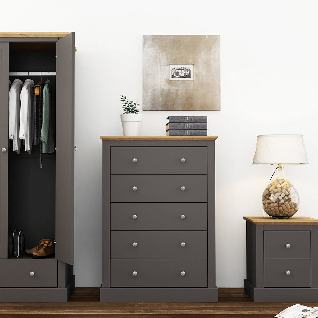 LPD Furniture Devon Oak 5 Draw Chest Charcoal-Better Bed Company