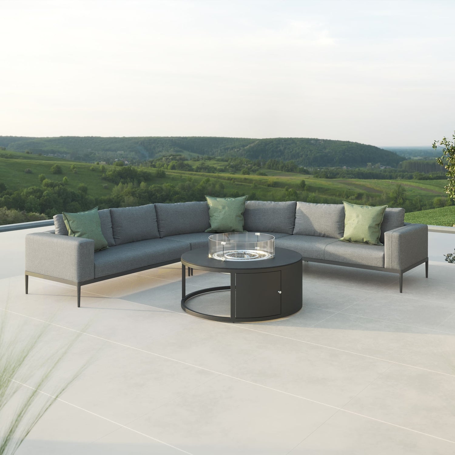 Maze Eve Grande Corner Sofa Group With Round Fire Pit Coffee Table Flanelle From Another View With Fire Pit-Better Bed Company