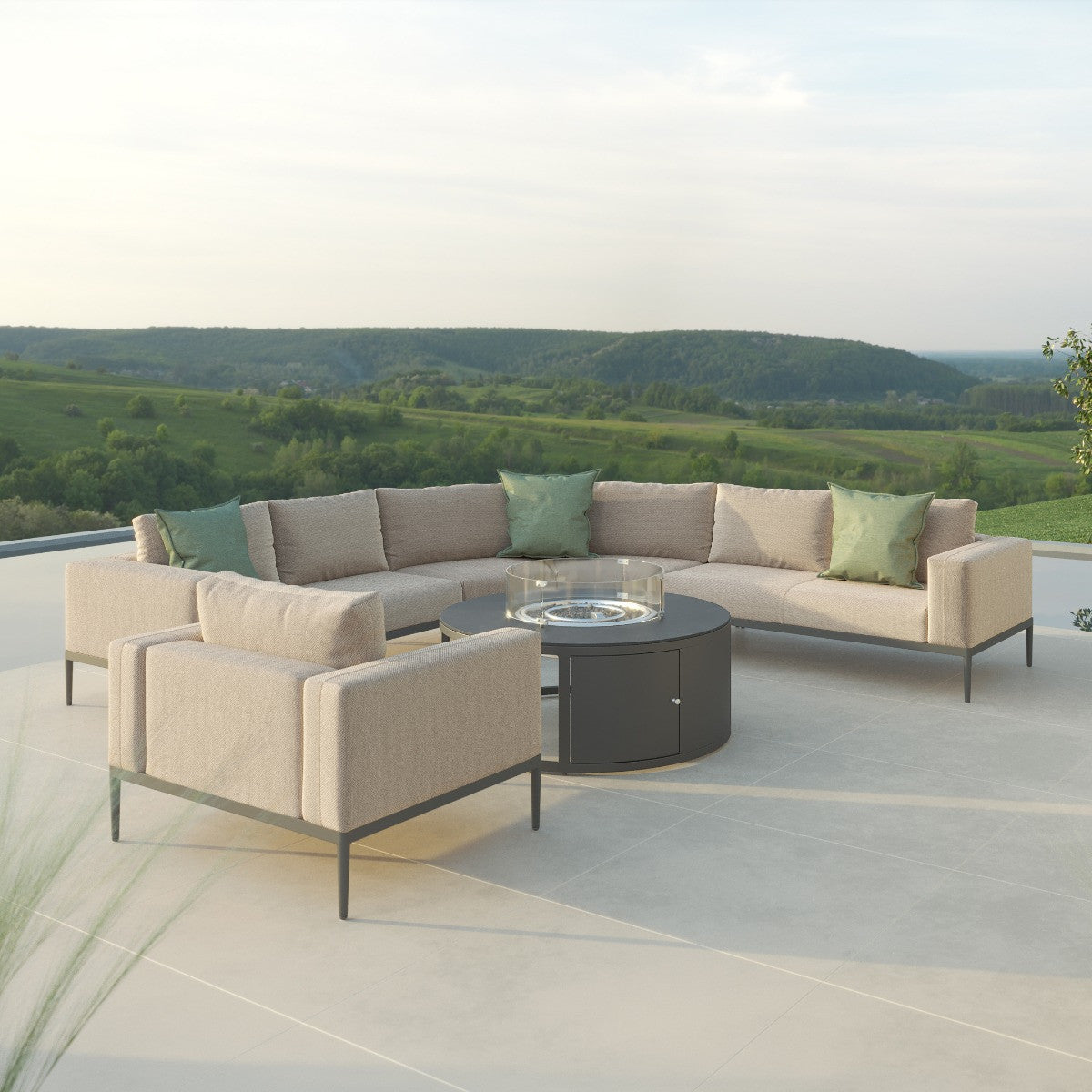 Maze Eve Grande Corner Sofa Group With Round Fire Pit Coffee Table Oatmeal With Chair-Better Bed Company