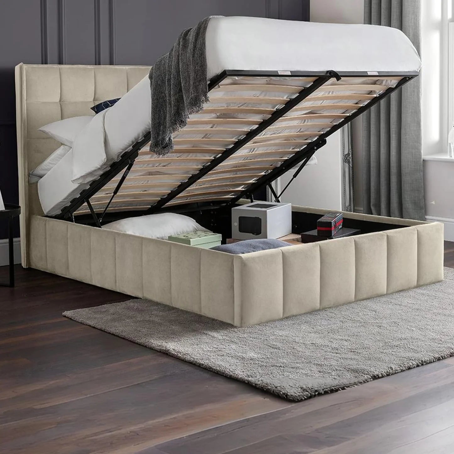 Julian Bowen Gatsby Storage Ottoman Bed Cream Open-Better Bed Company