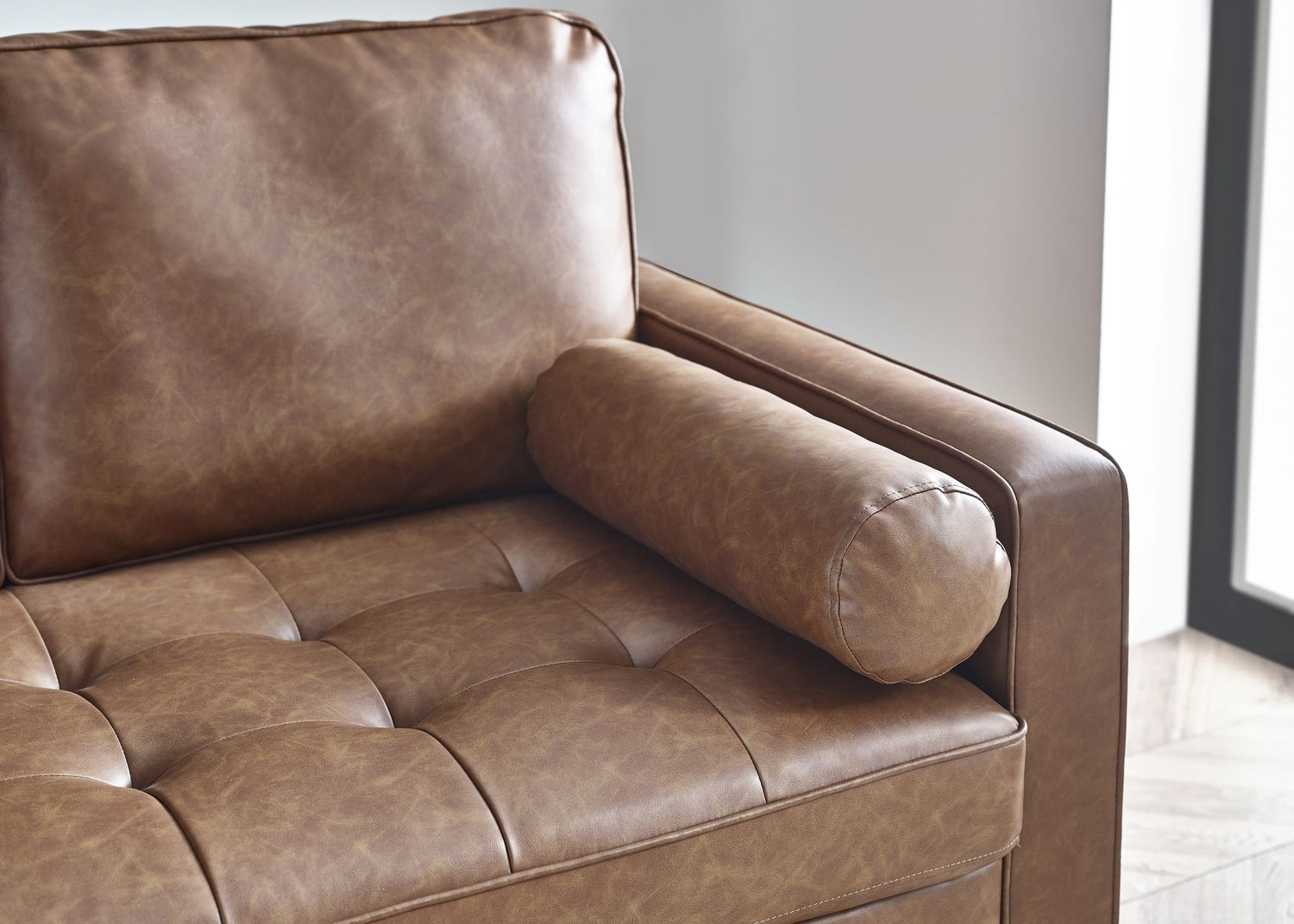 Julian Bowen Henley 2 Seater Sofa With Bolster - Brown Tan Faux Leather Close Up Of Arm Rest-Better Bed Company