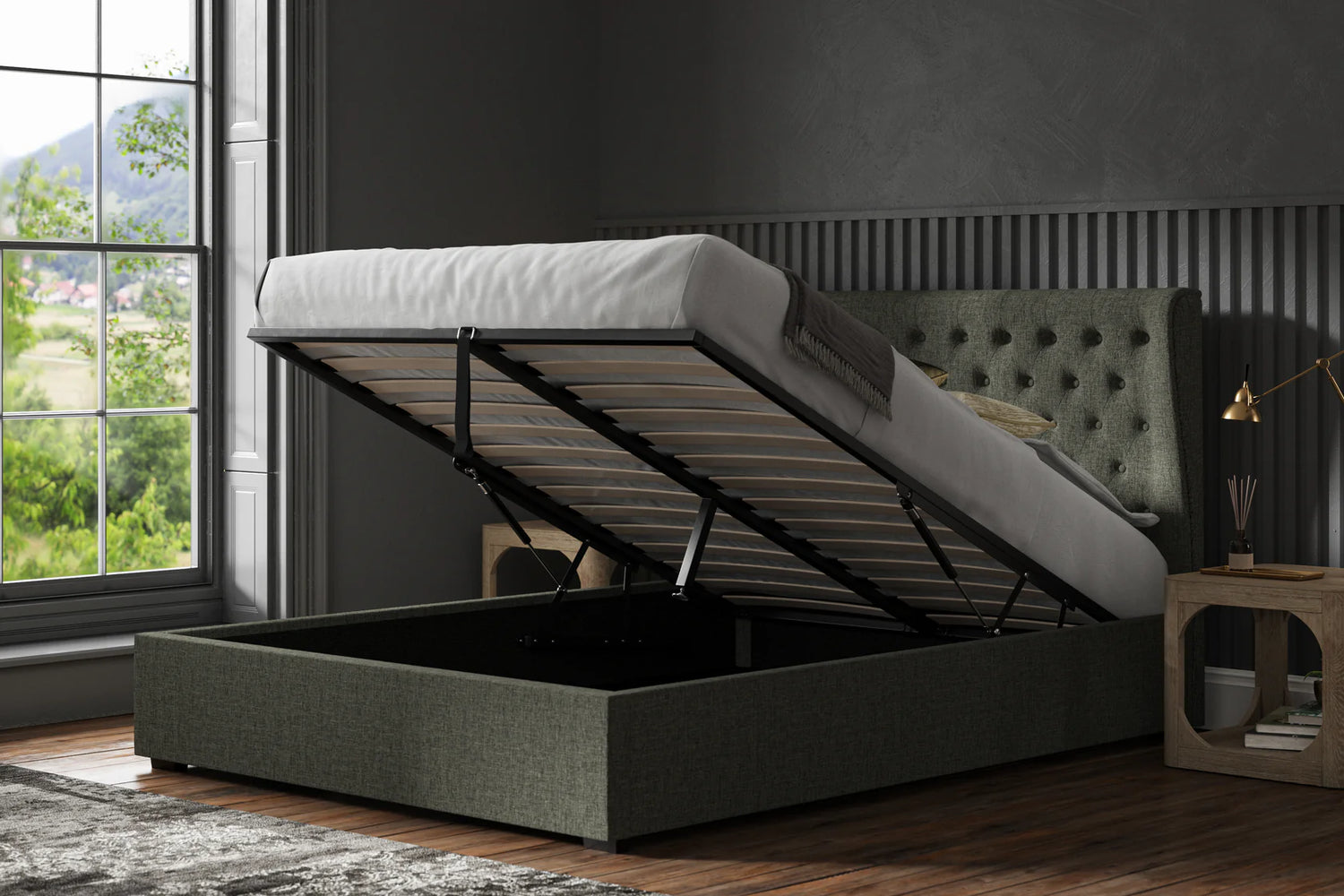 Emporia Beds Hampstead Ottoman Bed Dark Grey Linen Open-Better Bed Company