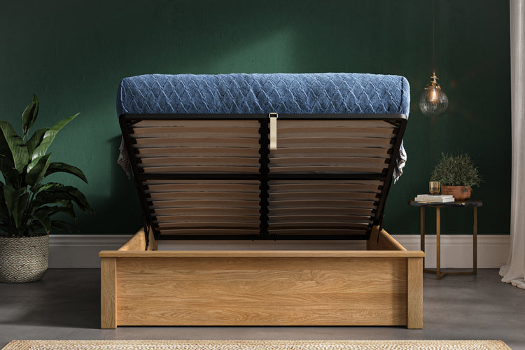 Emporia Beds Monaco Solid Oak Ottoman Bed From Front From Middle-Better Bed Company