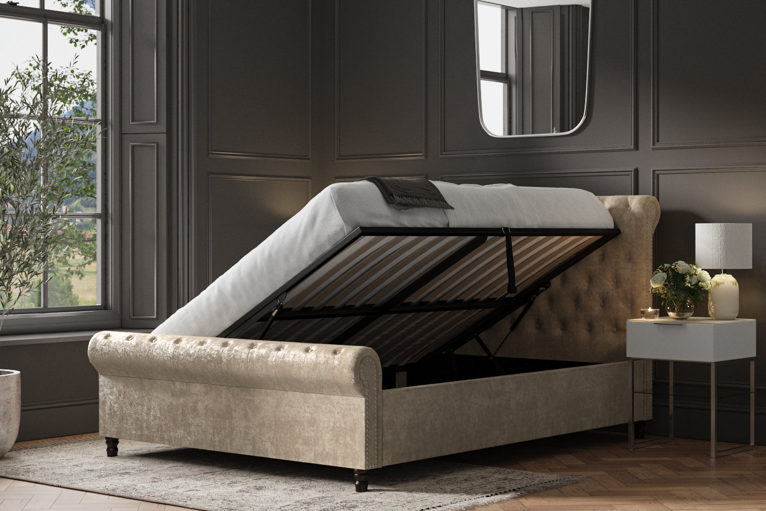 Emporia Beds Oxford Scroll Ottoman Bed Stone Open-Better Bed Company