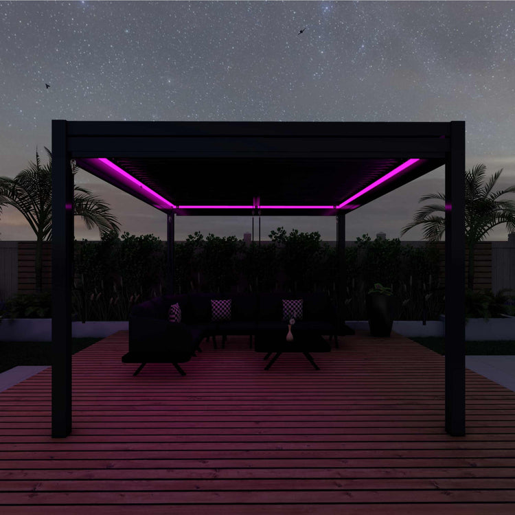 Maze Rattan 3m x 4m Pergola With 4 Drop Sides And LED Lighting Pink Light-Better Bed Company