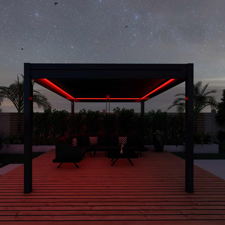 Maze Rattan 3m x 4m Pergola With 4 Drop Sides And LED Lighting Red Light-Better Bed Company