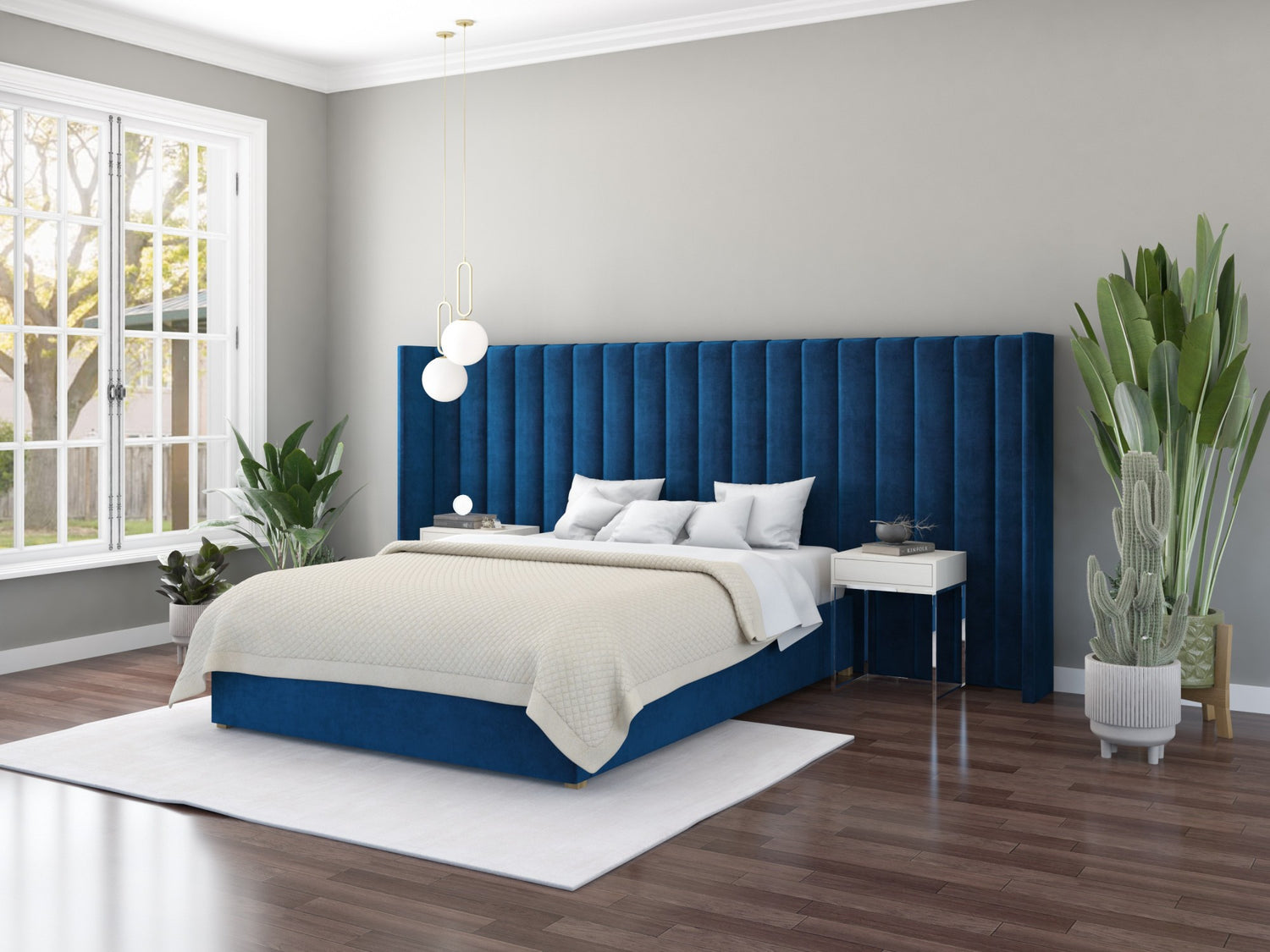 Aspire Grandeur Velvet Ottoman Bed-Plush Navy-Light Silver-Better Bed Company