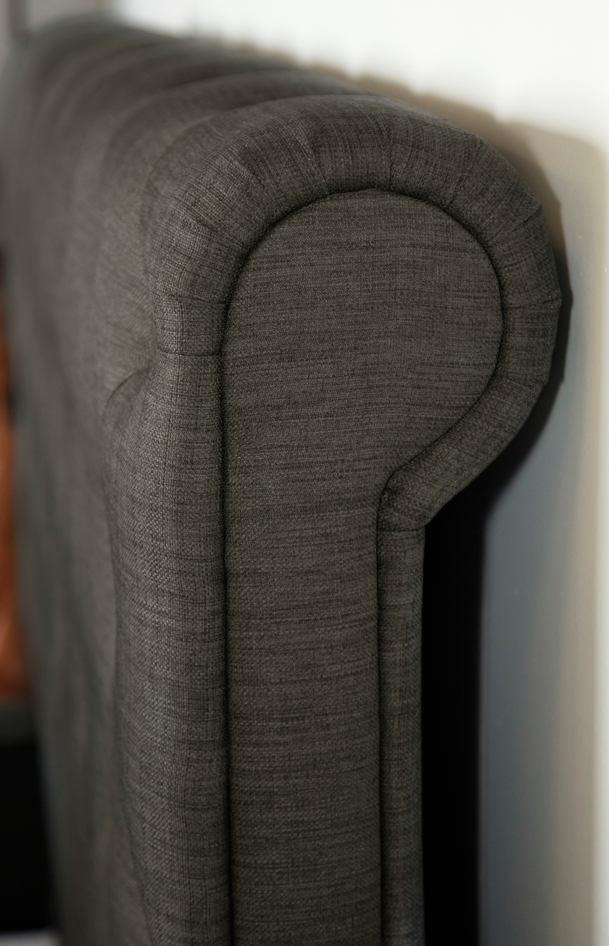 Emporia Beds Balmoral Scroll Ottoman Bed Grey Linen Close Up-Better Bed Company