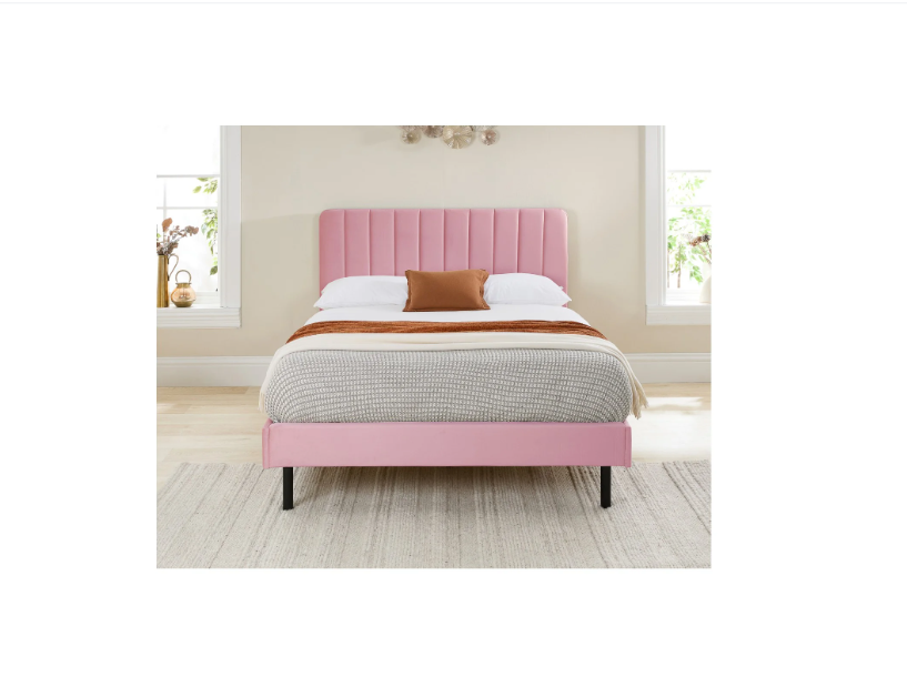 Aspire Rosella Velvet Upholstered Bed Frame Pink From Front-Better Bed Company
