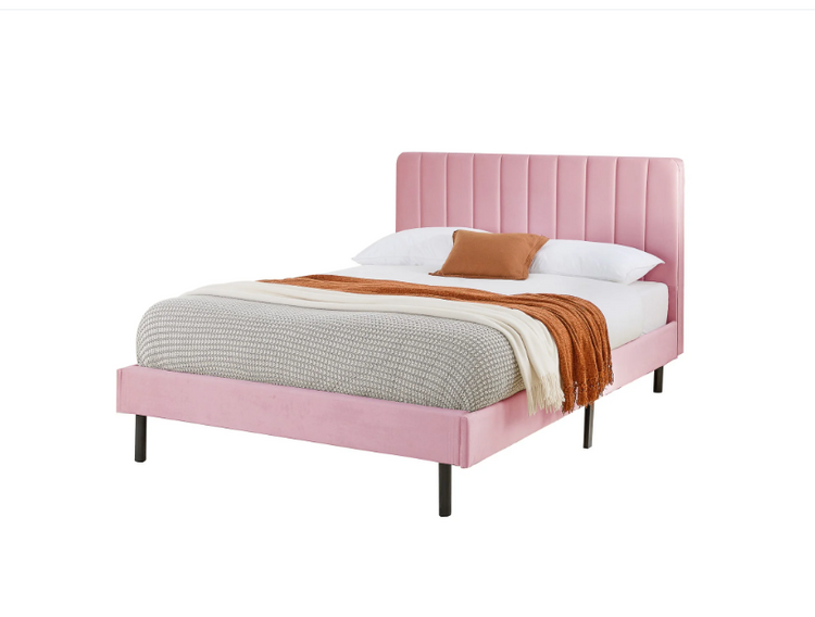 Aspire Rosella Velvet Upholstered Bed Frame Pink From Side Front-Better Bed Company