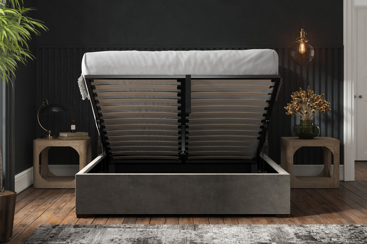 Emporia Beds Sherwood Wing Ottoman Bed Dark Grey Open From Front-Better Bed Company