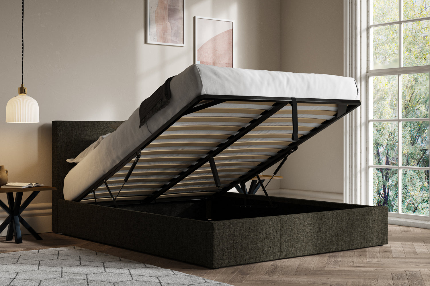 Lincolnshire Ottoman Bed Charcoal Open-Better Bed Company