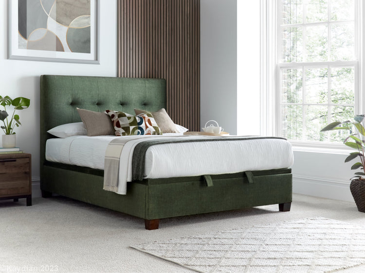 Kaydian Walkworth Winter Moss Green Ottoman Bed Frame From Side-Better Bed Company