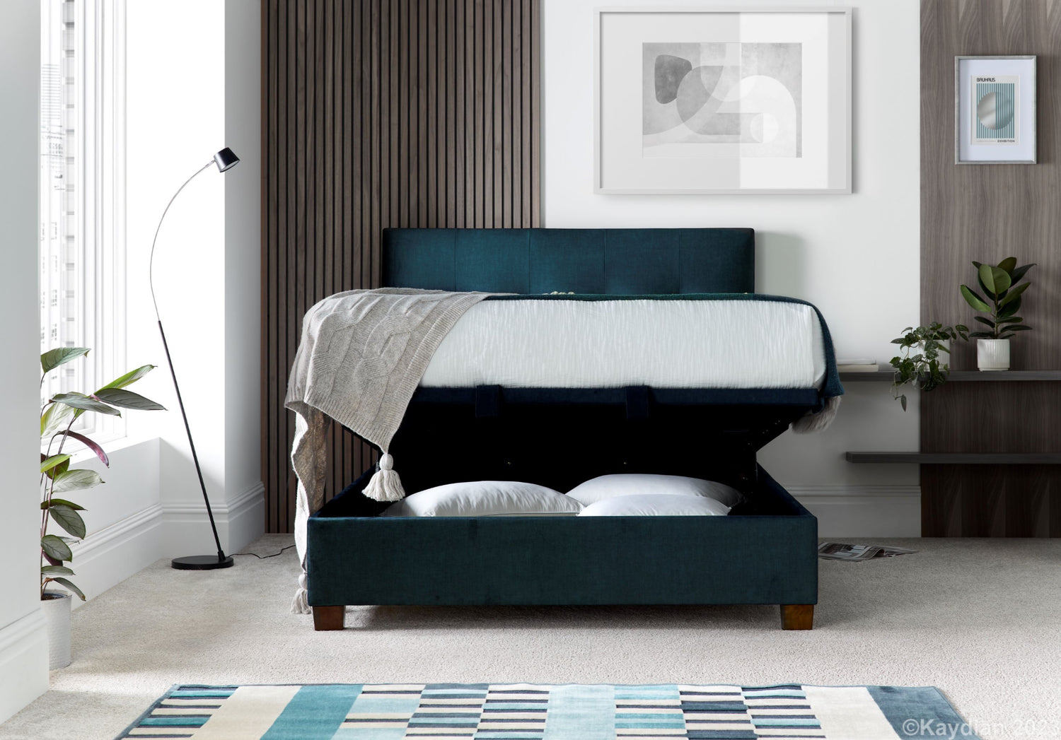 Kaydian Walkworth Deep Ocean Blue Ottoman Bed Frame Open-Better Bed Company