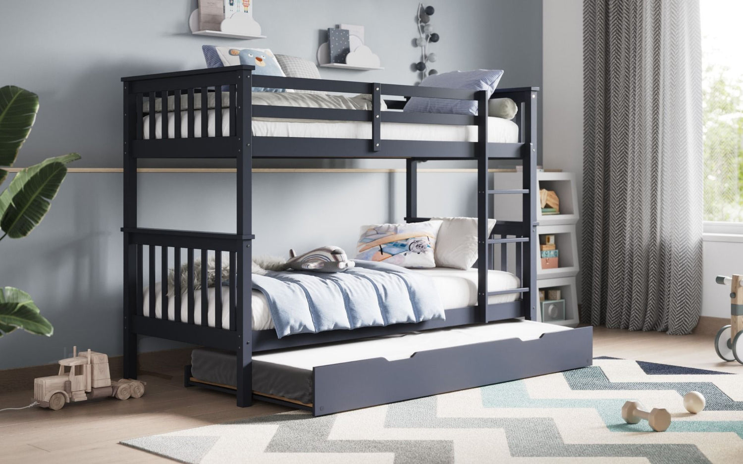 Kids Bunk Beds Zoe Wooden White & Grey Bunk With Trundle-Better Bed Company