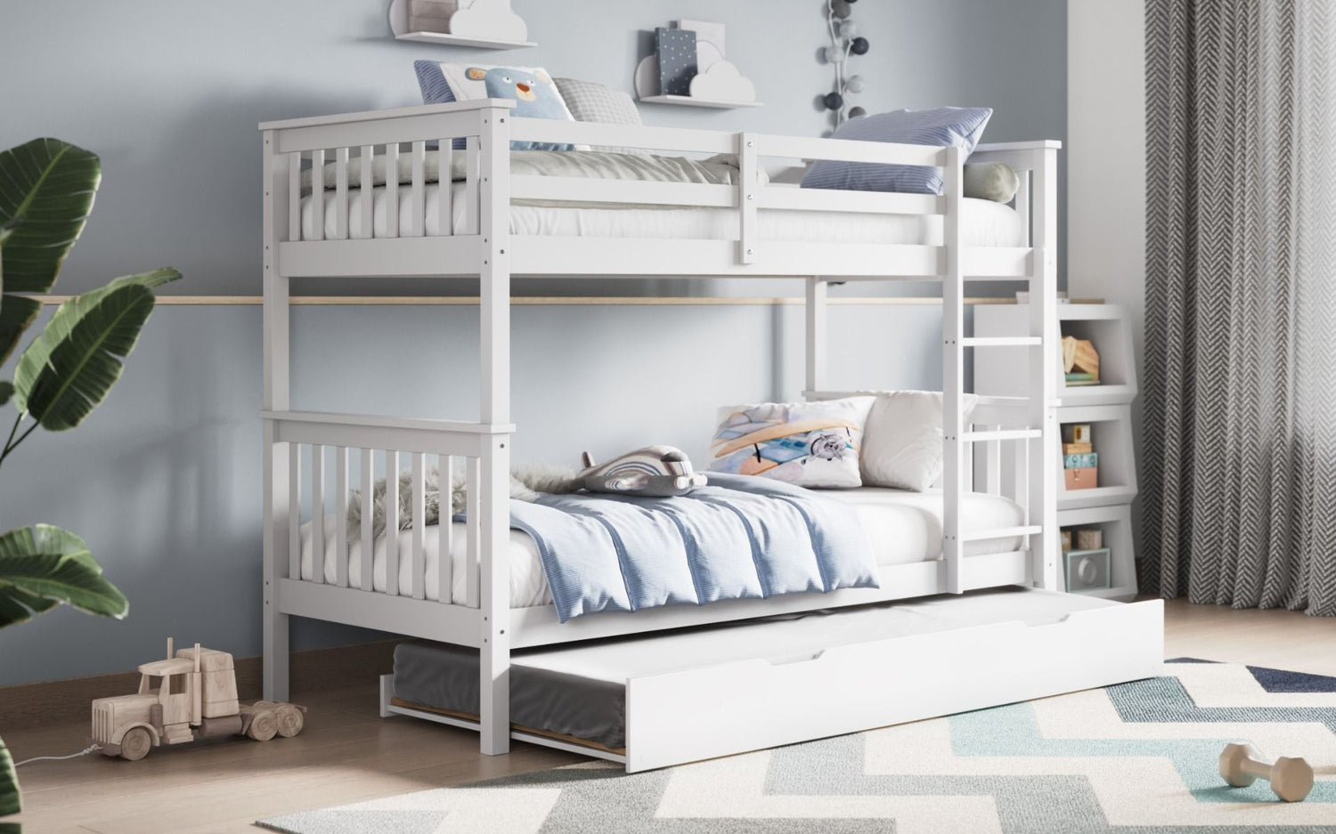 Kids Bunk Beds Zoe Wooden White & Grey Bunk With Trundle With Trundle Pulled Out-Better Bed Company