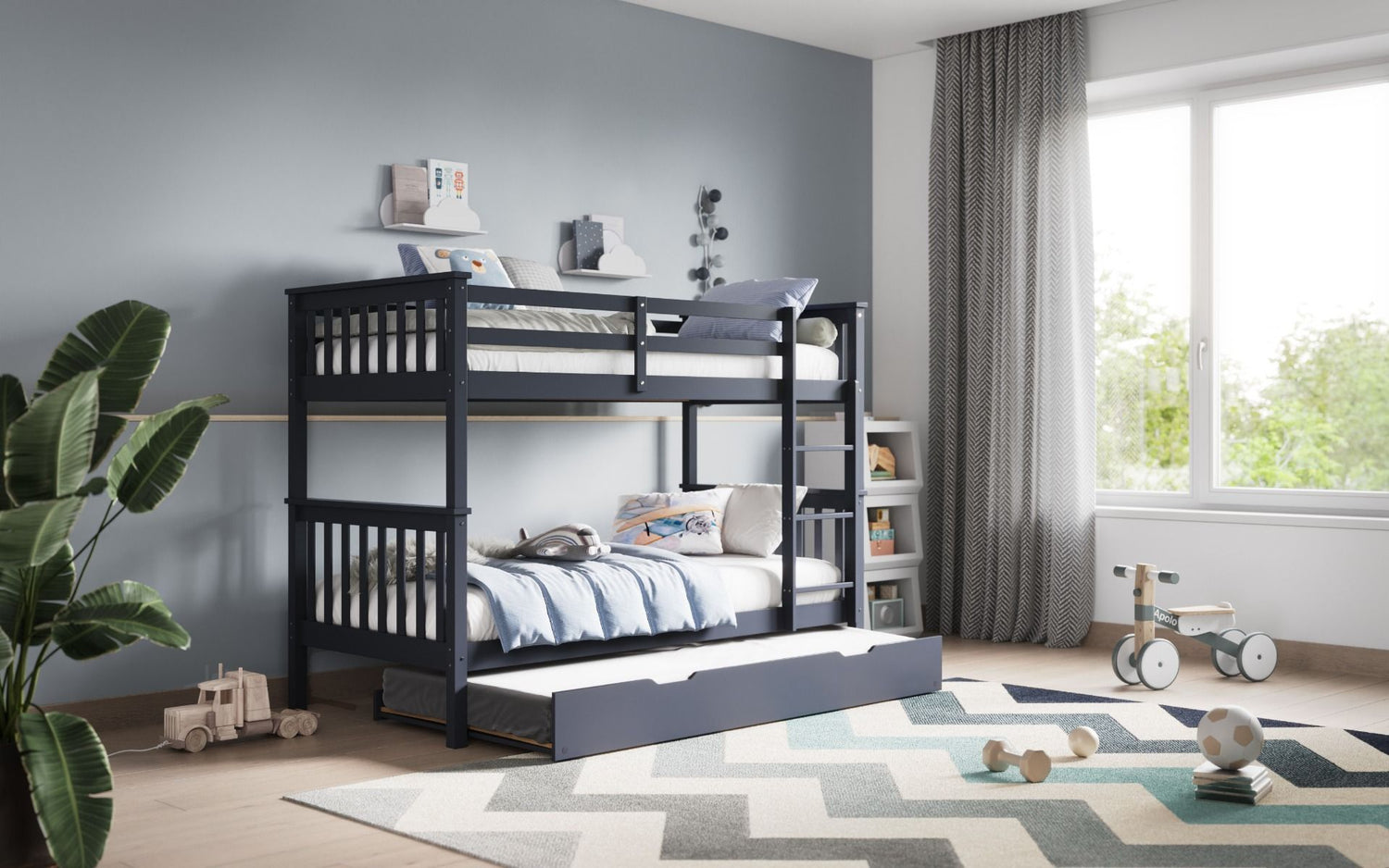 Kids Bunk Beds Zoe Wooden White & Grey Bunk With Trundle Grey-Better Bed Company