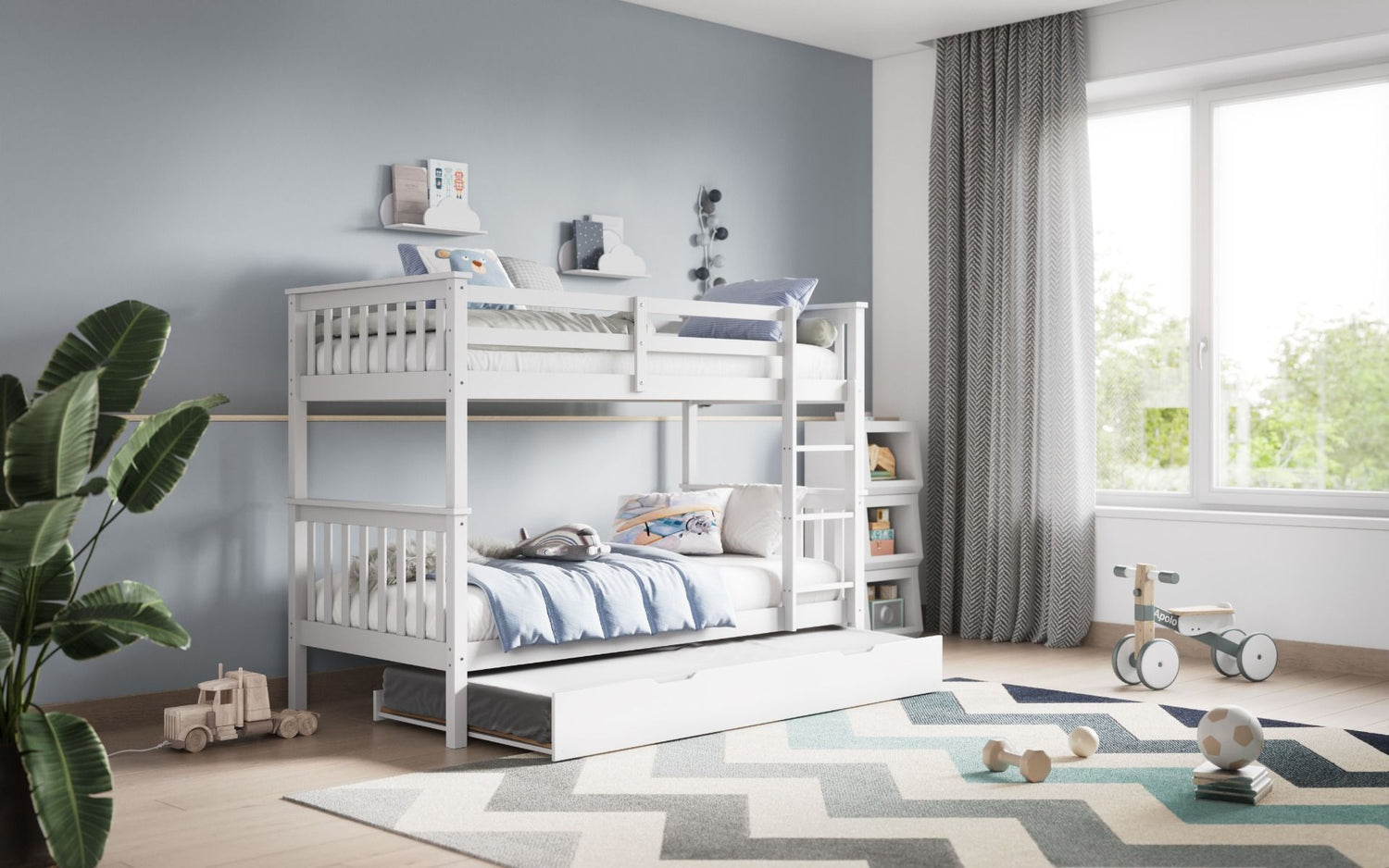 Kids Bunk Beds Zoe Wooden White & Grey Bunk With Trundle White-Better Bed Company