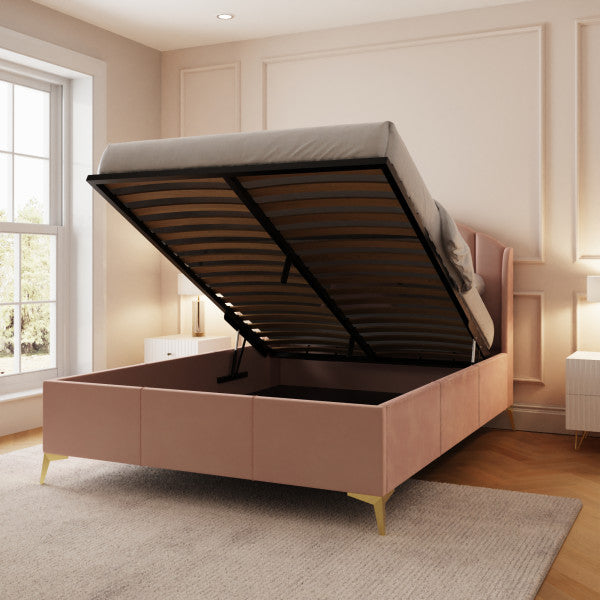 GFW Pettine End Lift Ottoman Bed Pink Open-Better Bed Company