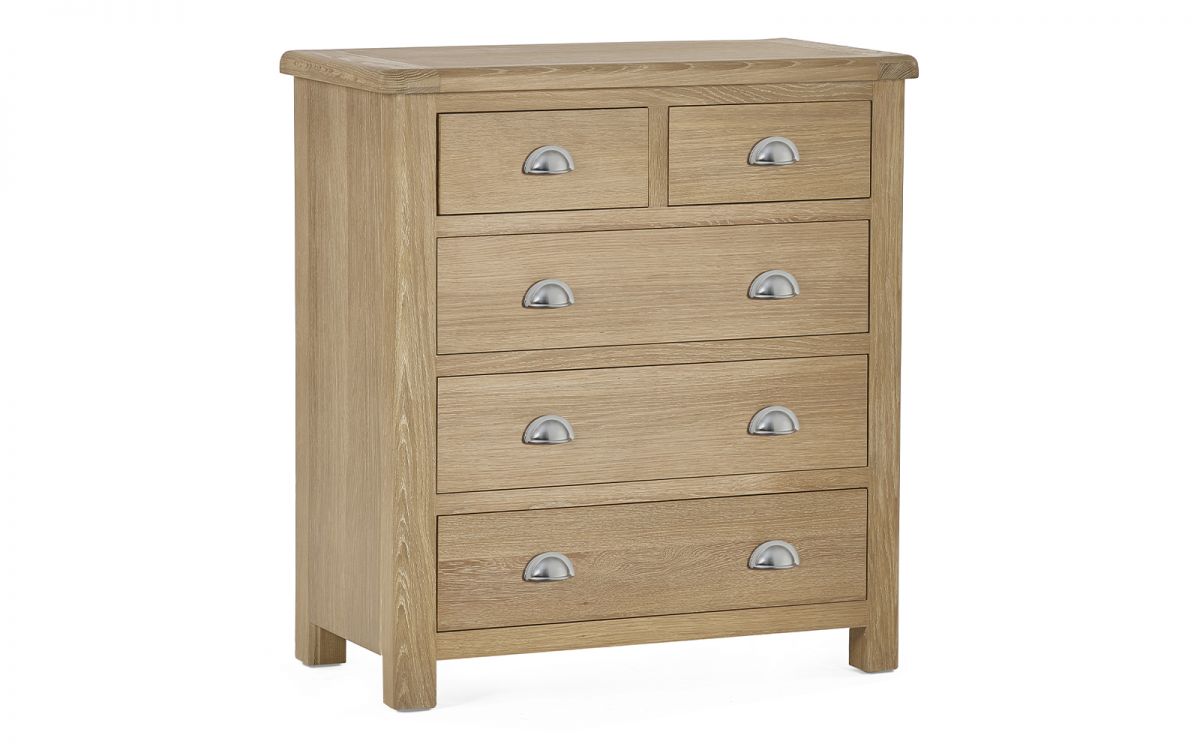 Julian Bowen Memphis Limed Oak 3 + 2 Drawer Chest Curved Handles From Front And Side-Better Bed Company