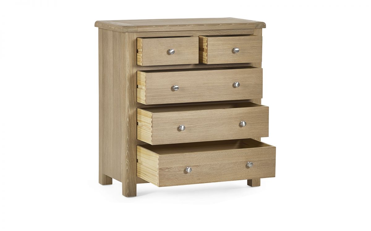 Julian Bowen Memphis Limed Oak 3 + 2 Drawer Chest Round Handles Drawers Open-Better Bed Company