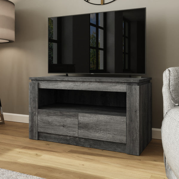 GFW Canyon Oak 2 Drawer TV Unit Charcoal From Side-Better Bed Company