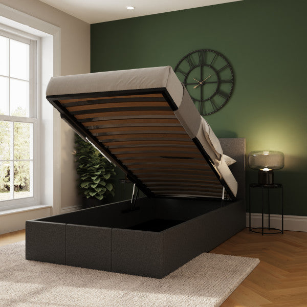 GFW End Lift Fabric Ottoman Bed Single Open-Better Bed Company
