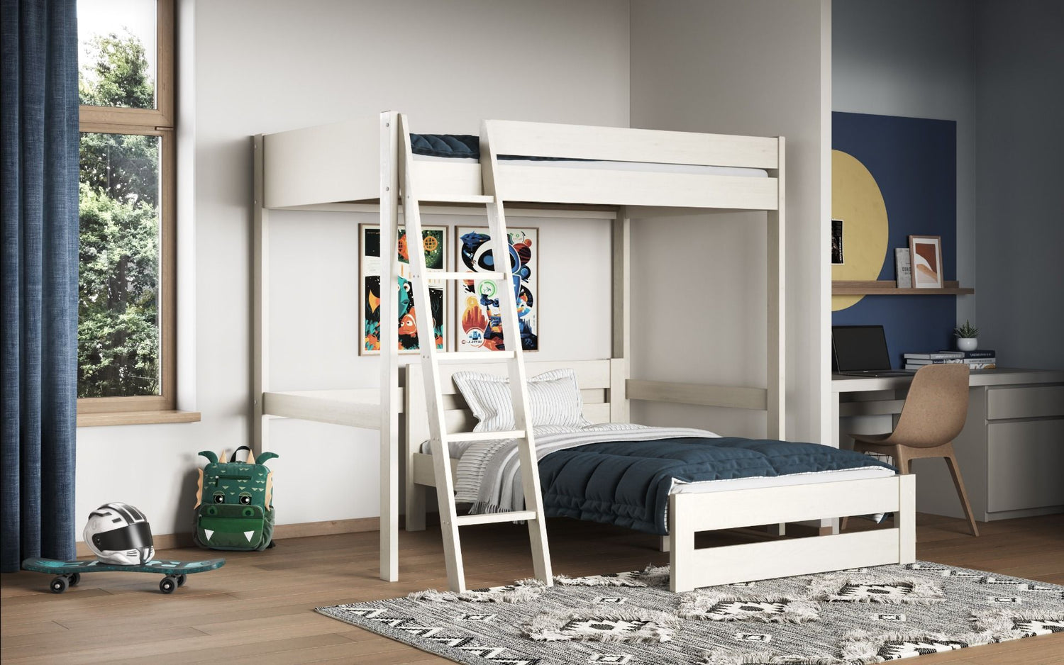 Kids Bunk Beds Tessa Small Double Wooden White & Grey Highsleeper With L Shaped Bed White-Better Bed Company