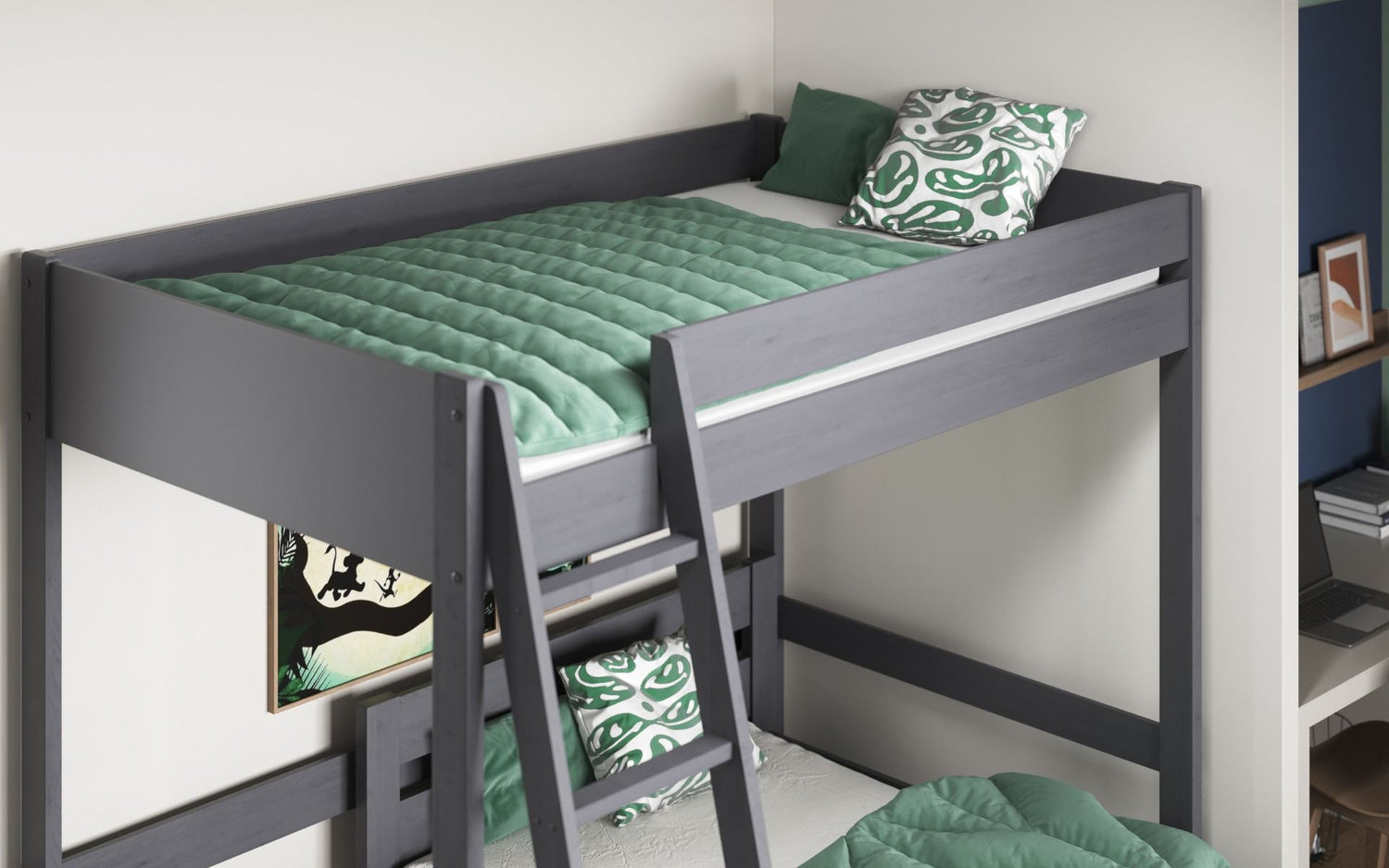Kids Bunk Beds Tessa Small Double Wooden White & Grey Highsleeper With L Shaped Bed Top Sleeping surface-Better Bed Company