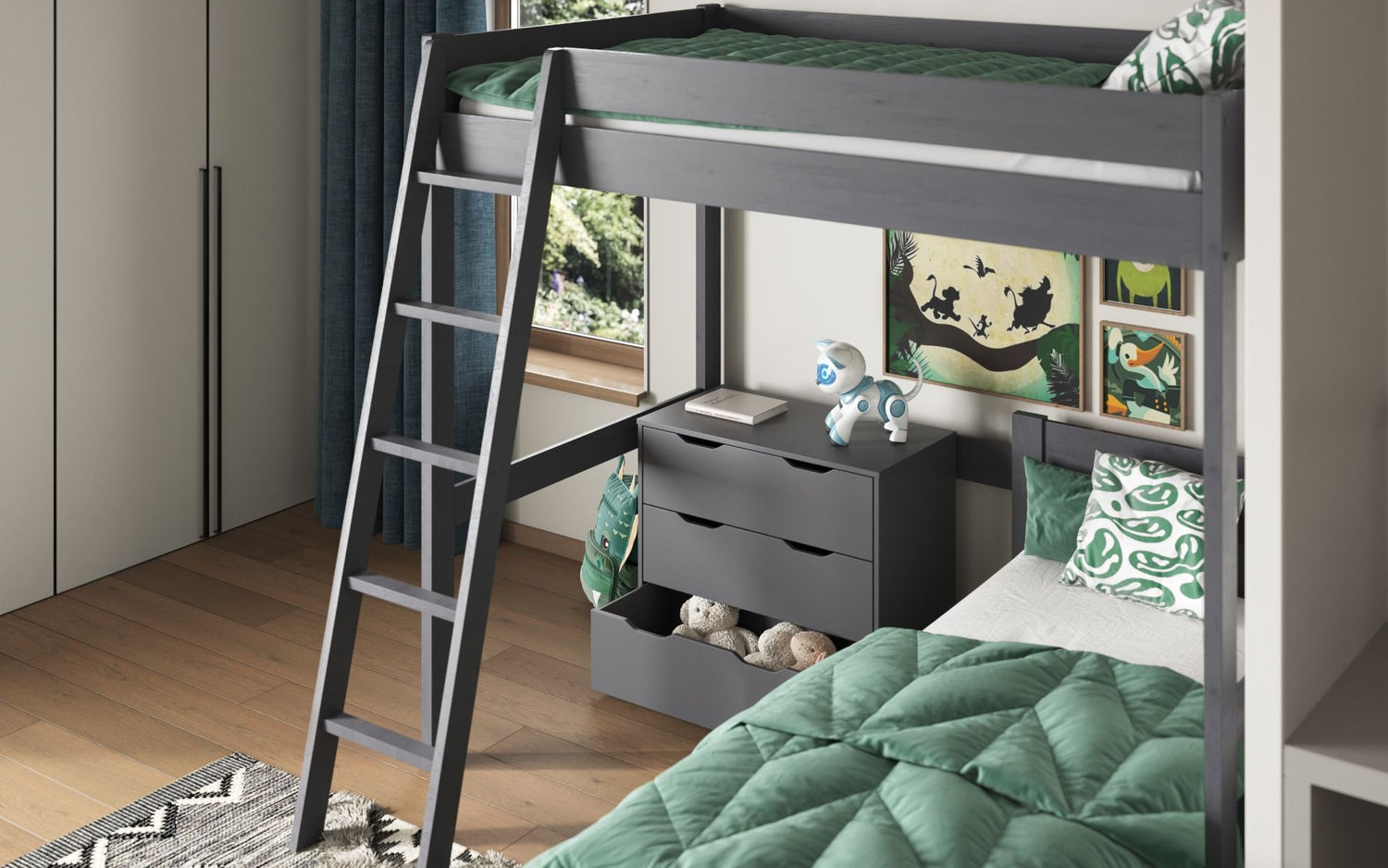 Kids Bunk Beds Tessa Small Double Wooden White & Grey Highsleeper With L Shaped Bed Grey From Top-Better Bed Company