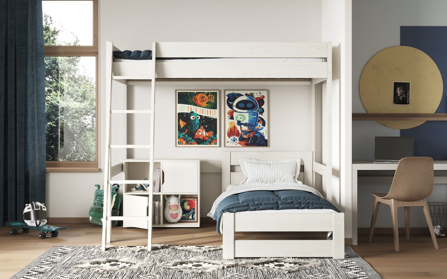 Kids Bunk Beds Tessa Small Double Wooden White & Grey Highsleeper With L Shaped Bed-Better Bed Company