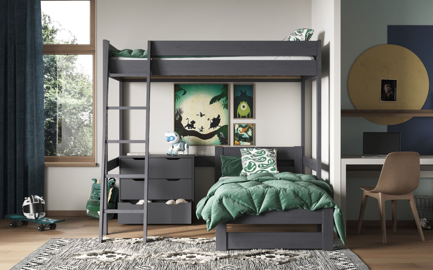Kids Bunk Beds Tessa Small Double Wooden White & Grey Highsleeper With L Shaped Bed Grey-Better Bed Company