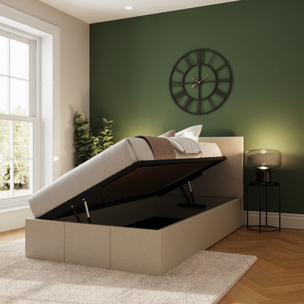 GFW Side Lift Natural Fabric Ottoman Bed Single Open-Better Bed Company