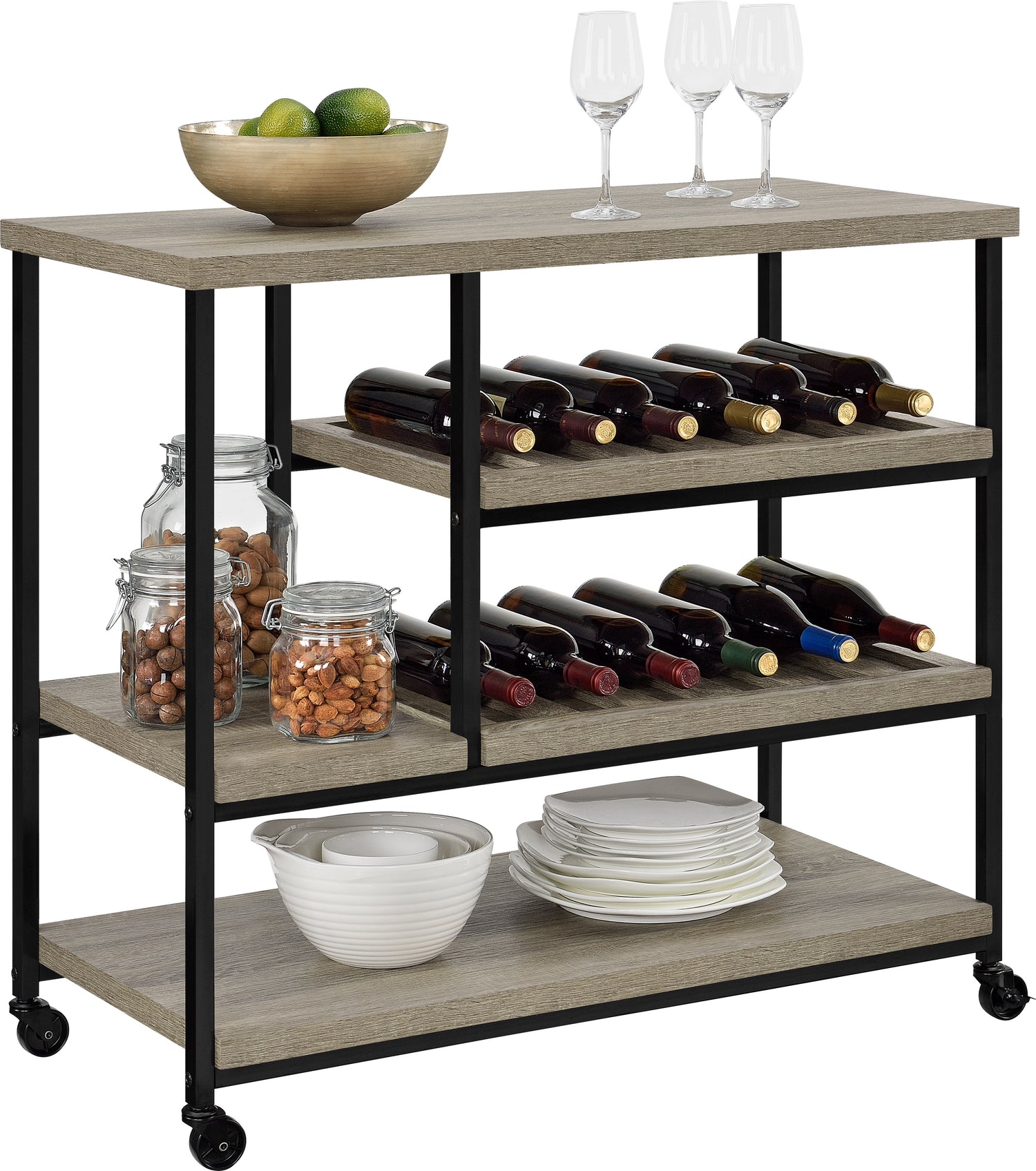 Dorel Home Elmwood Multi-Purpose Rolling Cart Stacked With Wine And Food-Better Bed Company 