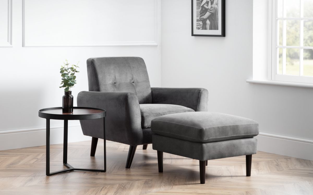 Julian Bowen Monza Ottoman Grey Velvet With Chair-Better Bed Company