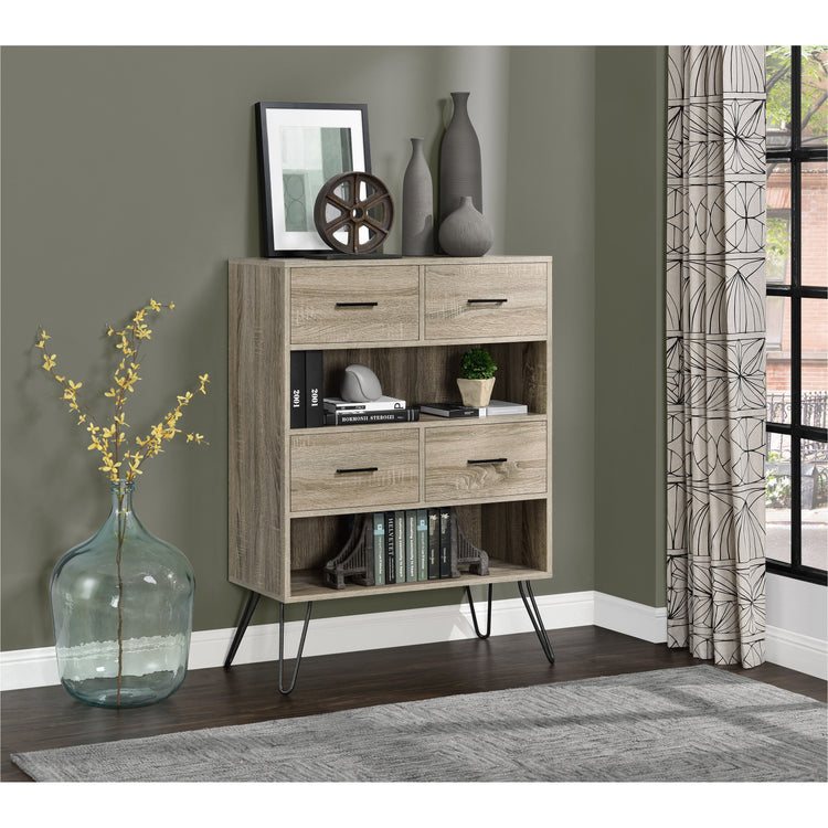 Dorel Home Landon Retro Bookcase With Bins Grey Oak