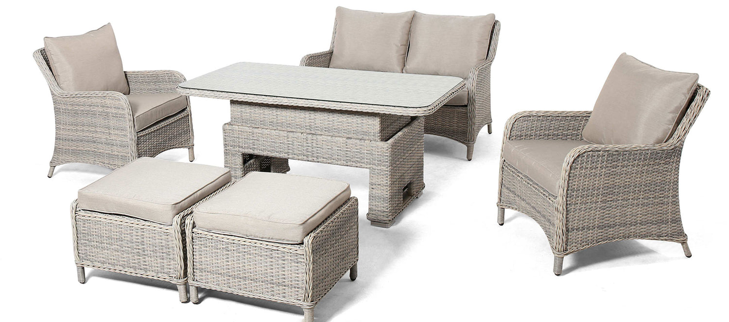 Maze Rattan Cotswold 2 Seat Sofa Dining With Rising Table And Foot Stools Full Set White Background-Better Bed Company 