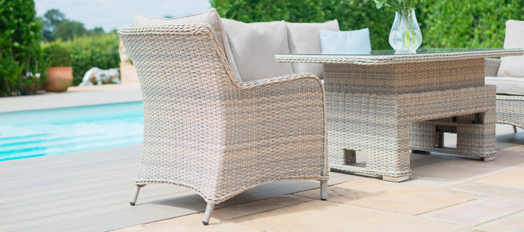Maze Rattan Cotswold 2 Seat Sofa Dining With Rising Table And Foot Stools Rattan Detail-Better Bed Company 